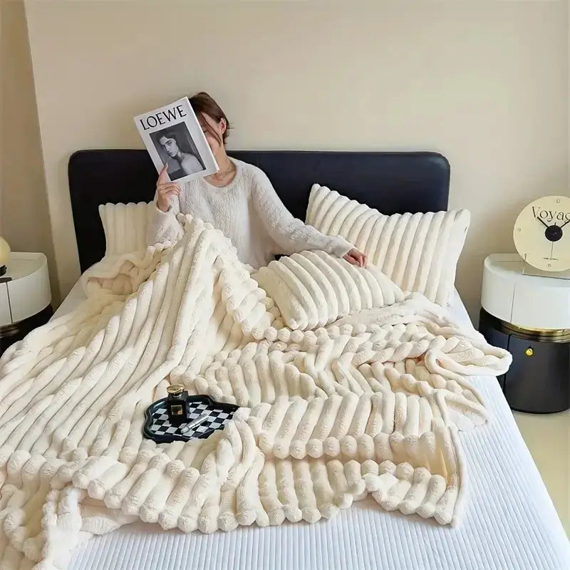 Light luxury solid color multifunctional rabbit velvet blanket in thick, warm flannel. Ideal for bedroom and living room use during winter.