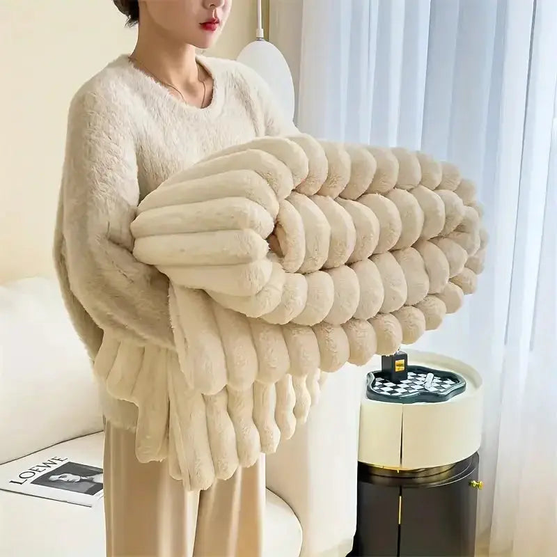 Light luxury solid color multifunctional rabbit velvet blanket in thick, warm flannel. Ideal for bedroom and living room use during winter.