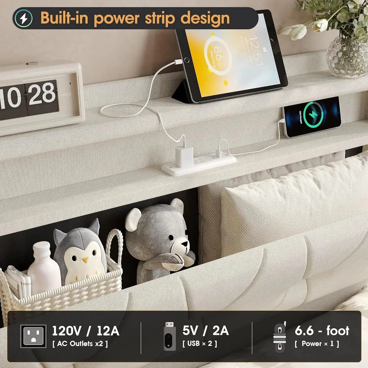 Twin size lift-up bed frame with storage headboard, charging station, and LED lights. Upholstered platform bed with under-bed storage, no box spring needed.