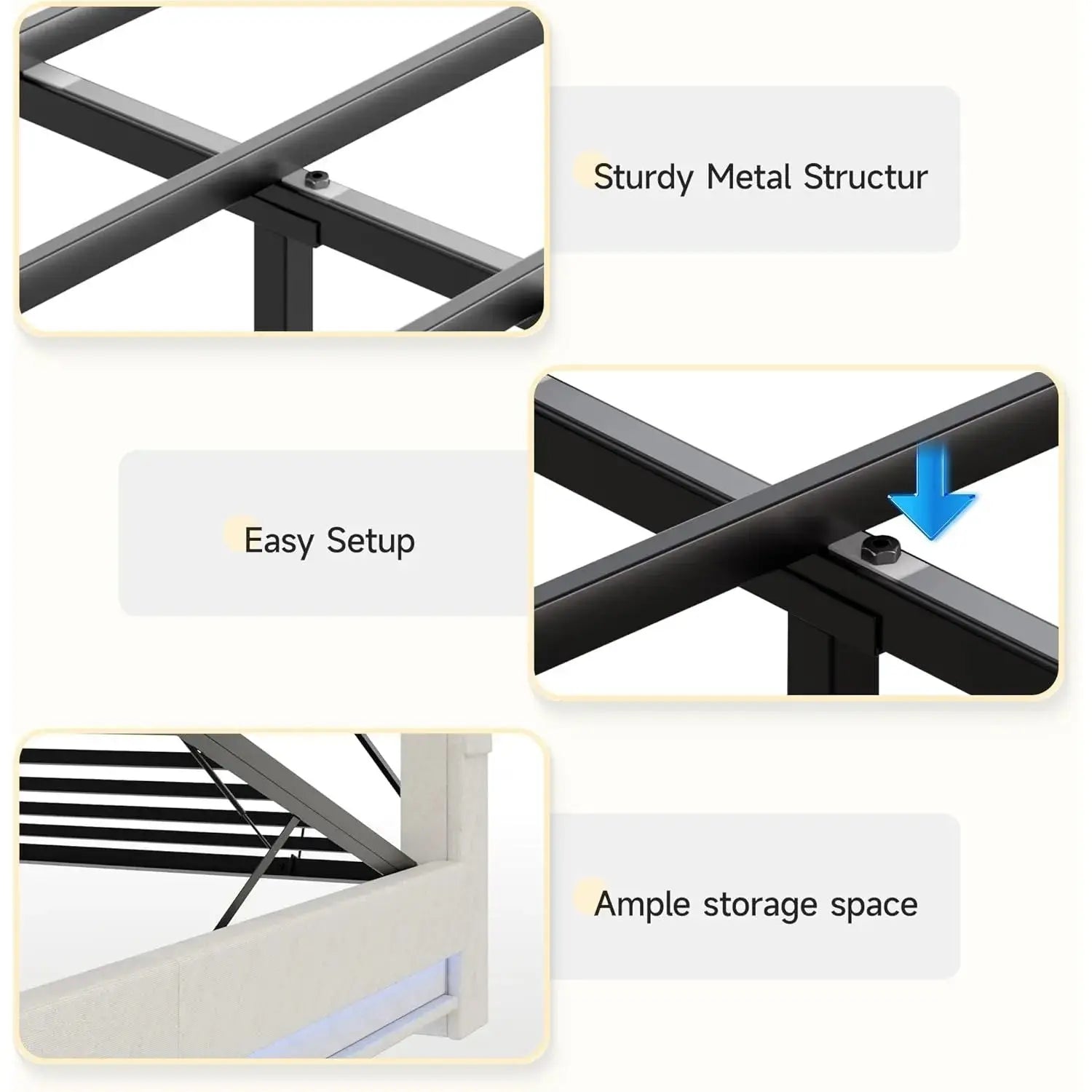 Twin size lift-up bed frame with storage headboard, charging station, and LED lights. Upholstered platform bed with under-bed storage, no box spring needed.