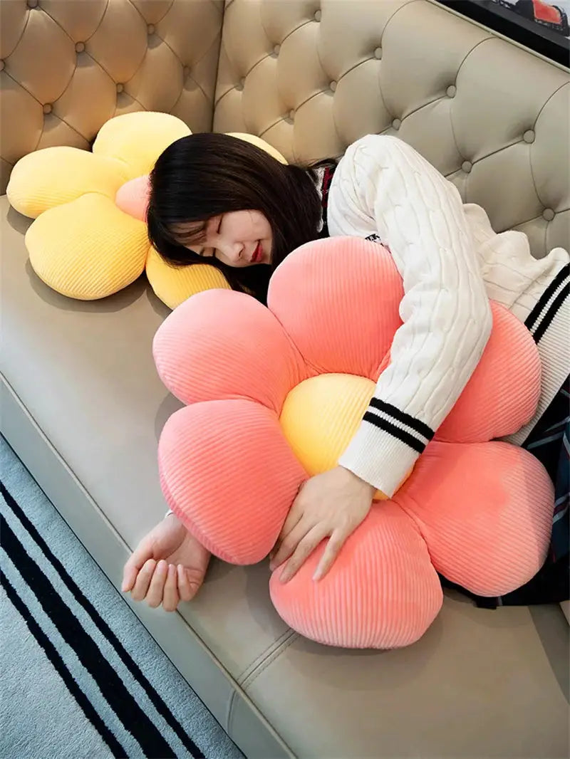 Six-Petal Flower Cushion Pillow in soft pastel colors, featuring a plush sunflower-inspired design. Perfect for adding warmth and charm to any space.