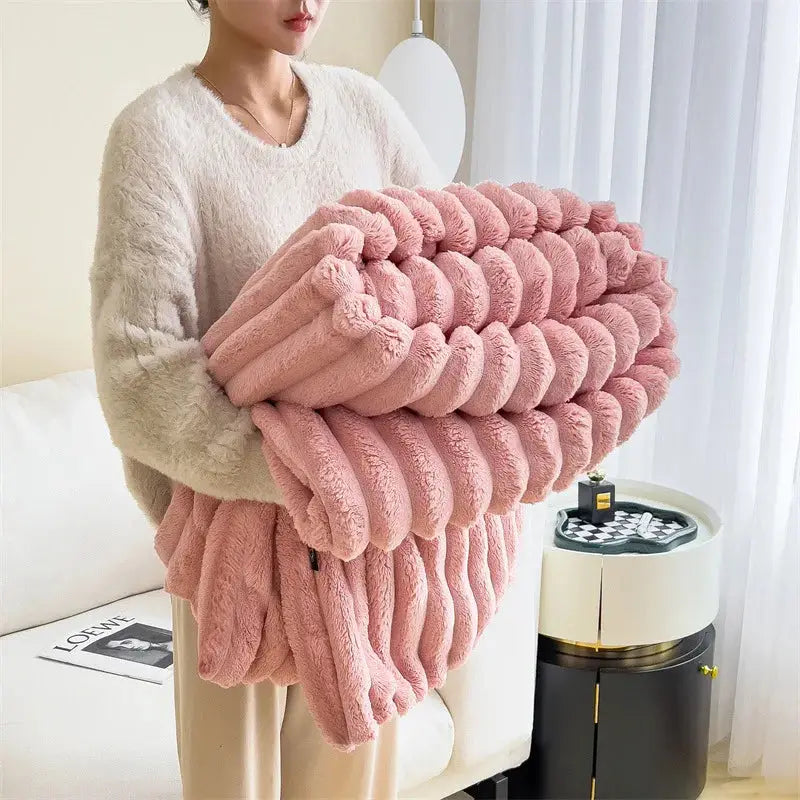 Light luxury solid color multifunctional rabbit velvet blanket in thick, warm flannel. Ideal for bedroom and living room use during winter.