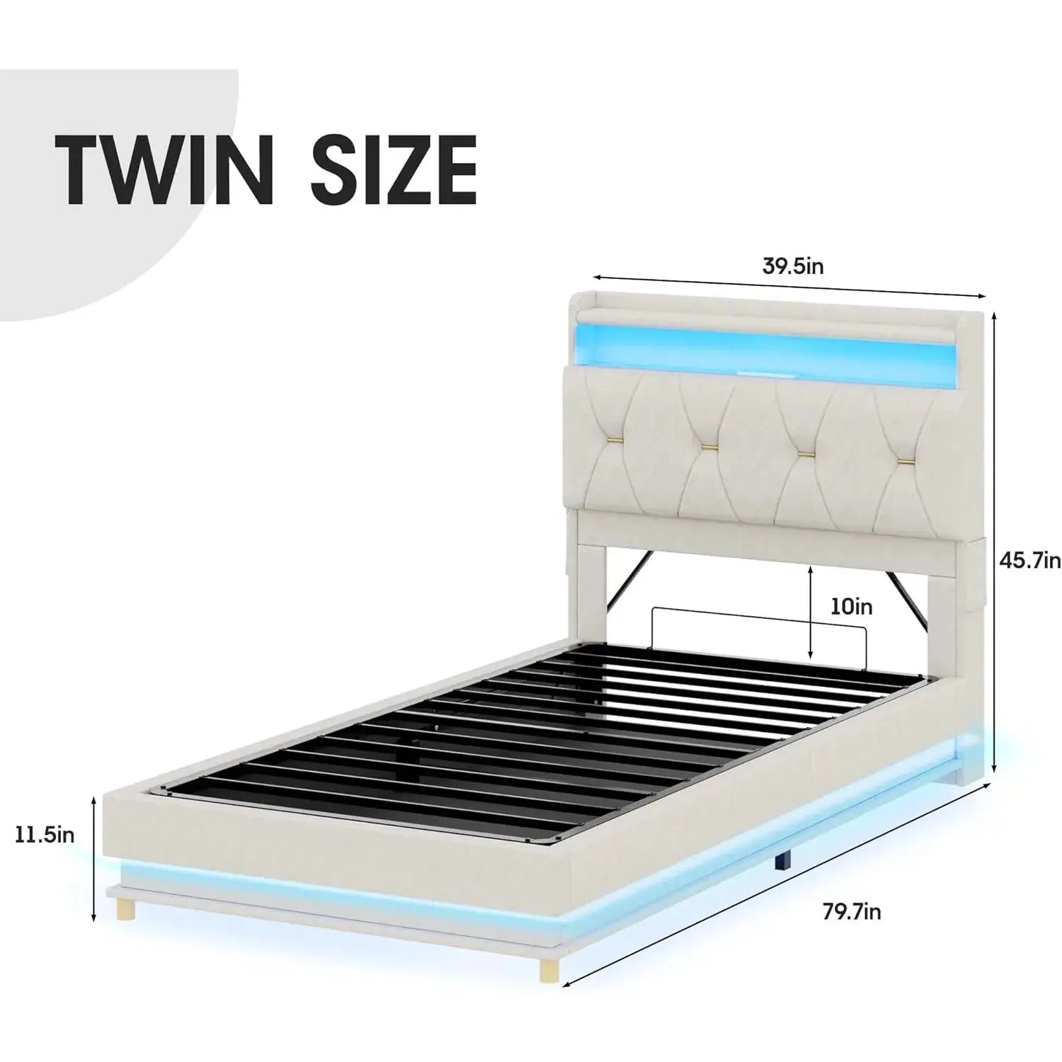 Twin size lift-up bed frame with storage headboard, charging station, and LED lights. Upholstered platform bed with under-bed storage, no box spring needed.