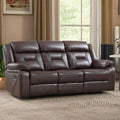 Brown faux leather reclining sofa with three seats, featuring manual recline function and plush cushioning. Stylish and durable furniture for living rooms.