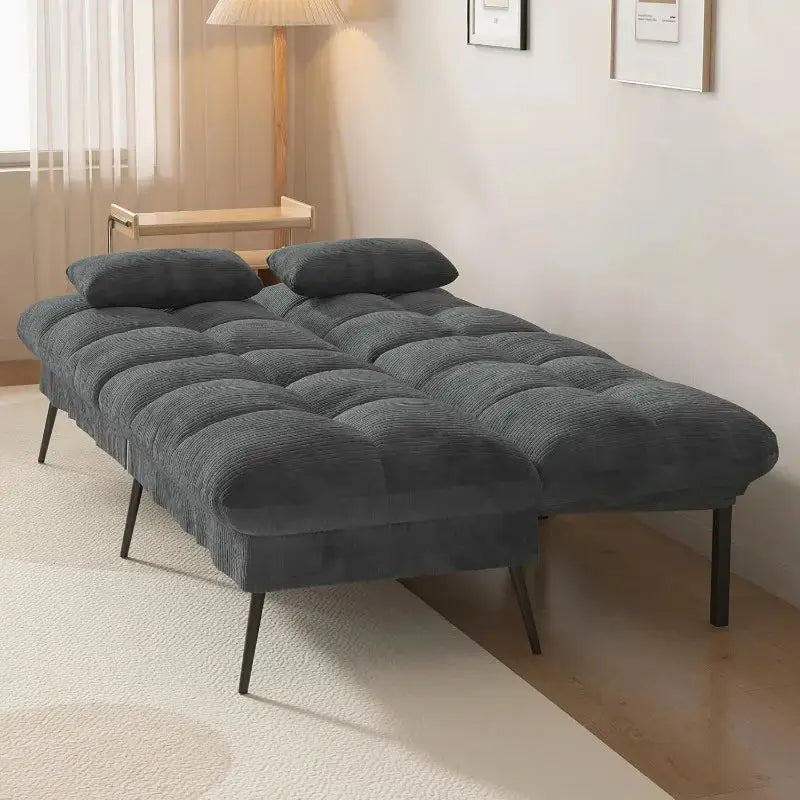 Convertible futon sofa bed with 68-inch corduroy upholstery in dark gray. Features an adjustable backrest and foldable design, perfect for small spaces.