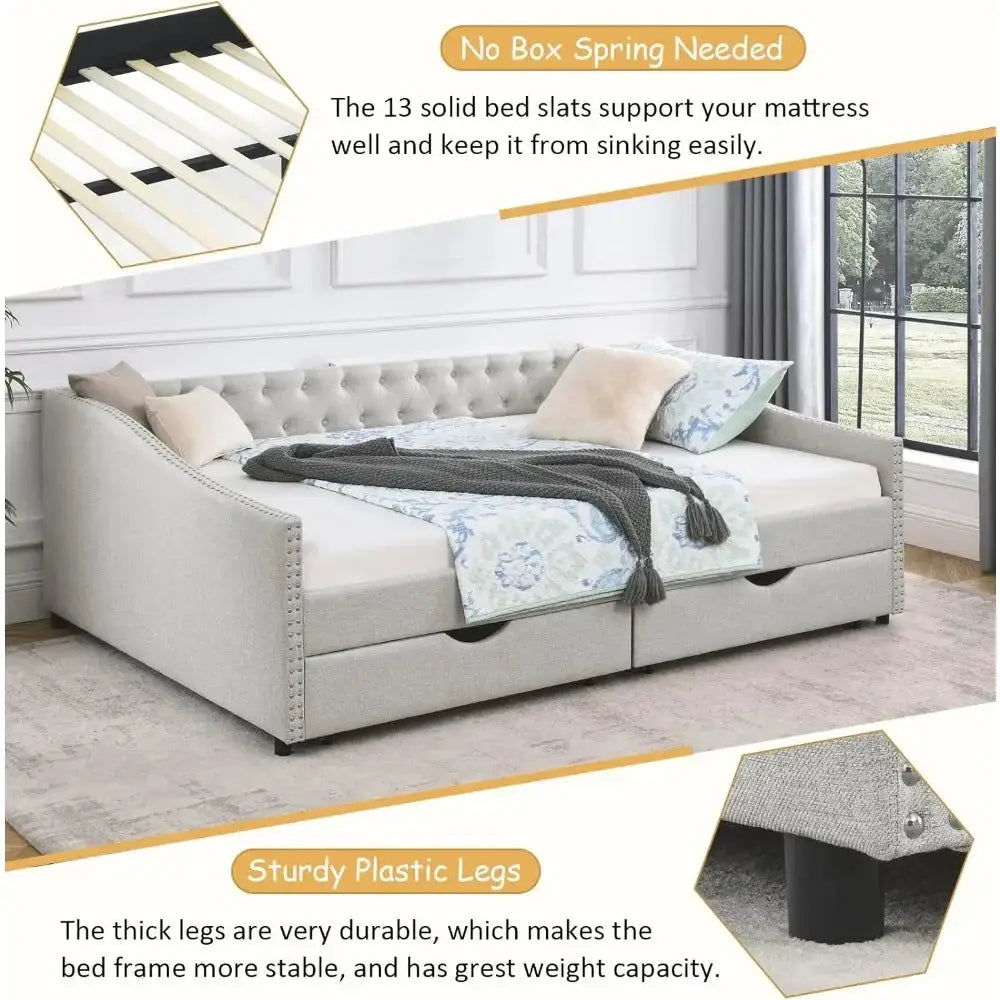 Wood Queen Day Bed Frame with upholstered sofa bed design, featuring two spacious storage drawers and a button-tufted headboard. Sturdy and stylish, no box spring needed.
