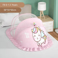 Foldable baby bed with mosquito net and cotton pillows, providing a safe and comfortable sleeping space for infants. Portable design for easy travel.
