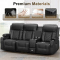 3 Seat Recliner Sofa with storage console, USB ports, and cup holders. Large reclining sofa in black leather with quilted accents, ideal for comfort and convenience.