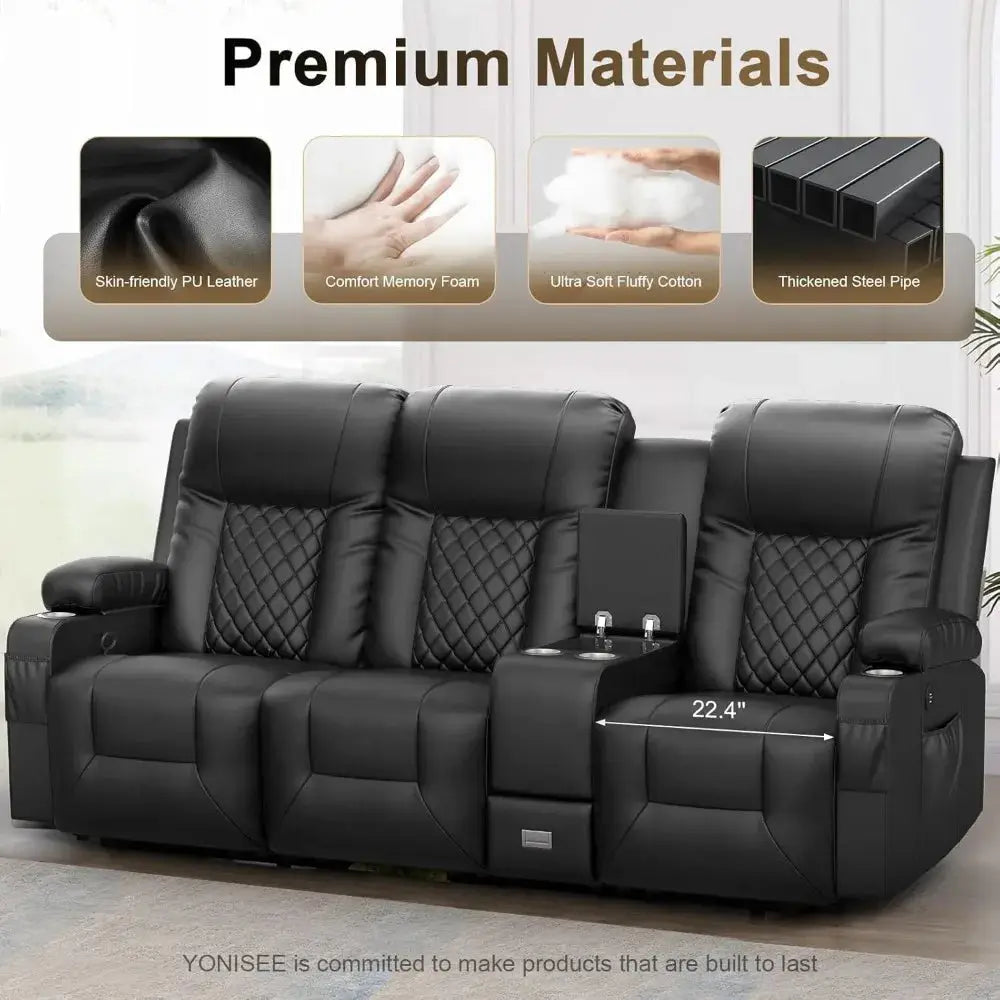3 Seat Recliner Sofa with storage console, USB ports, and cup holders. Large reclining sofa in black leather with quilted accents, ideal for comfort and convenience.