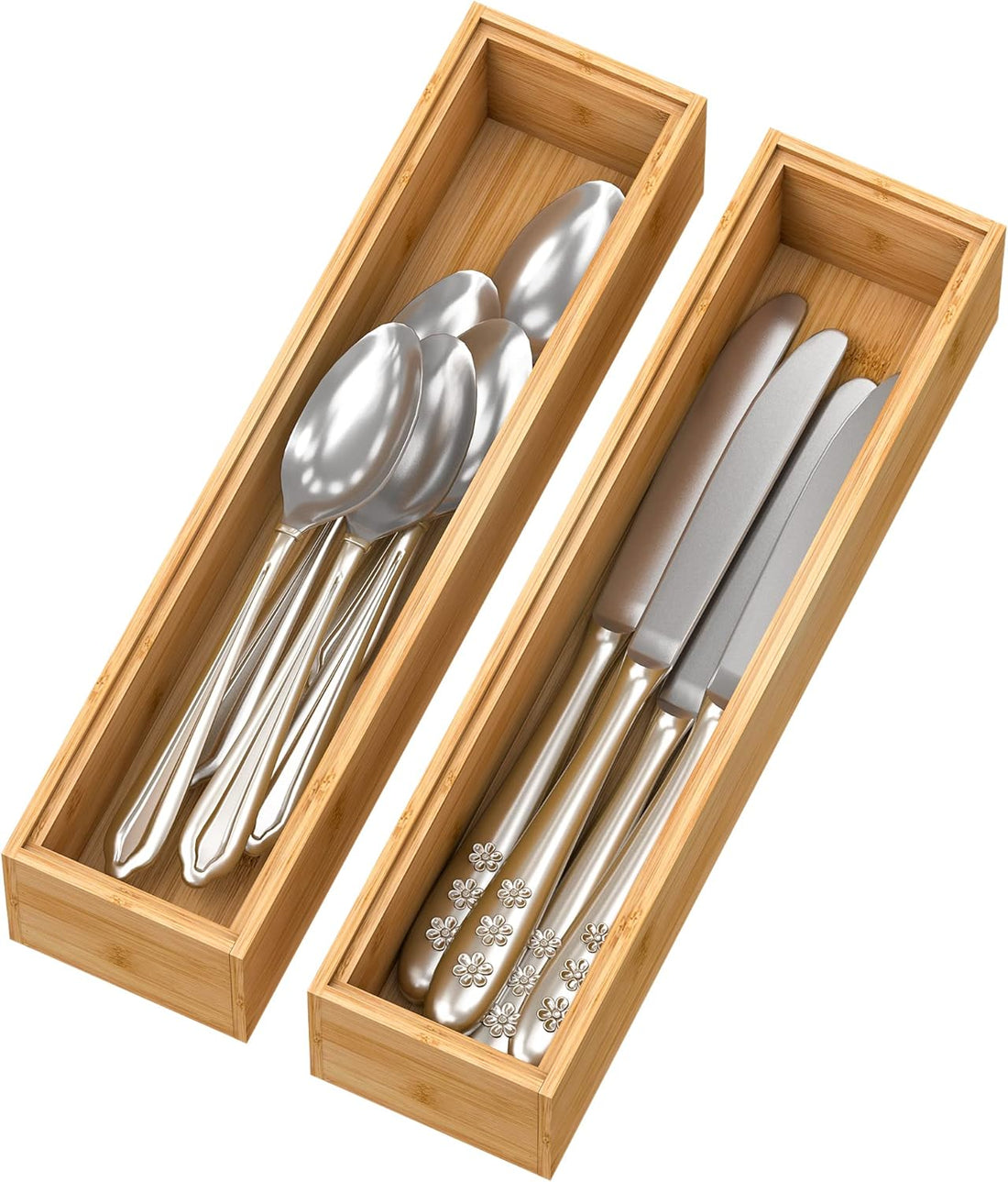 Bamboo Drawer Organizer Storage Box Kitchen - Wood Stackable Tray Set of 2 (12x3x2 inch)