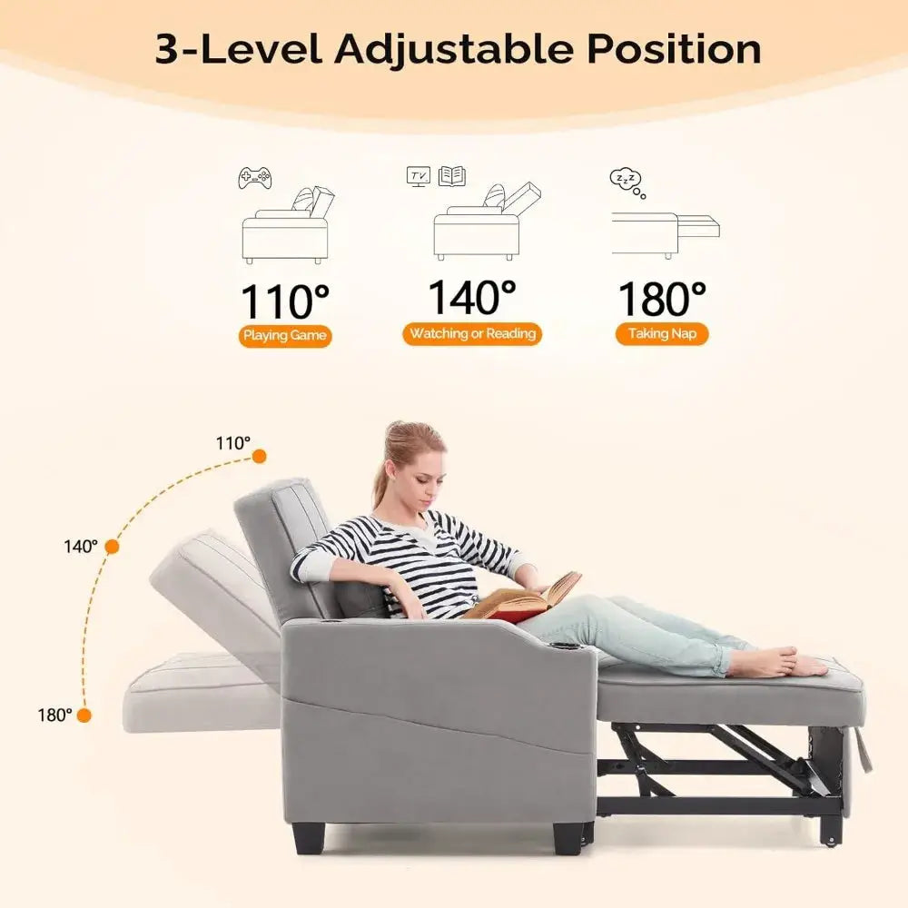 Convertible sleeper chair bed in gray fabric with adjustable recliner, USB ports, and cup holders. Easily transforms into a bed in four steps.