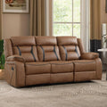 Brown faux leather reclining sofa with three seats, featuring manual recline function and plush cushioning. Stylish and durable furniture for living rooms.