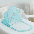 Foldable baby bed with mosquito net and cotton pillows, providing a safe and comfortable sleeping space for infants. Portable design for easy travel.