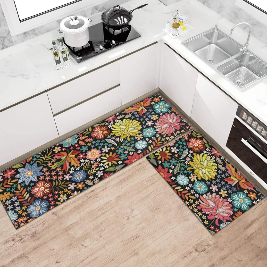 Boho Floral Kitchen Rug Mat Set of 2 Washable Non Slip Mats