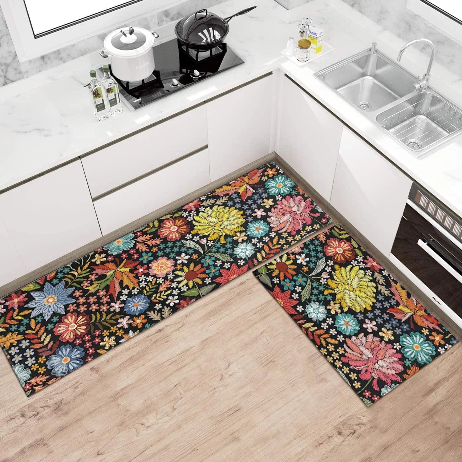 Boho Floral Kitchen Rug Mat Set of 2 Washable Non Slip Mats