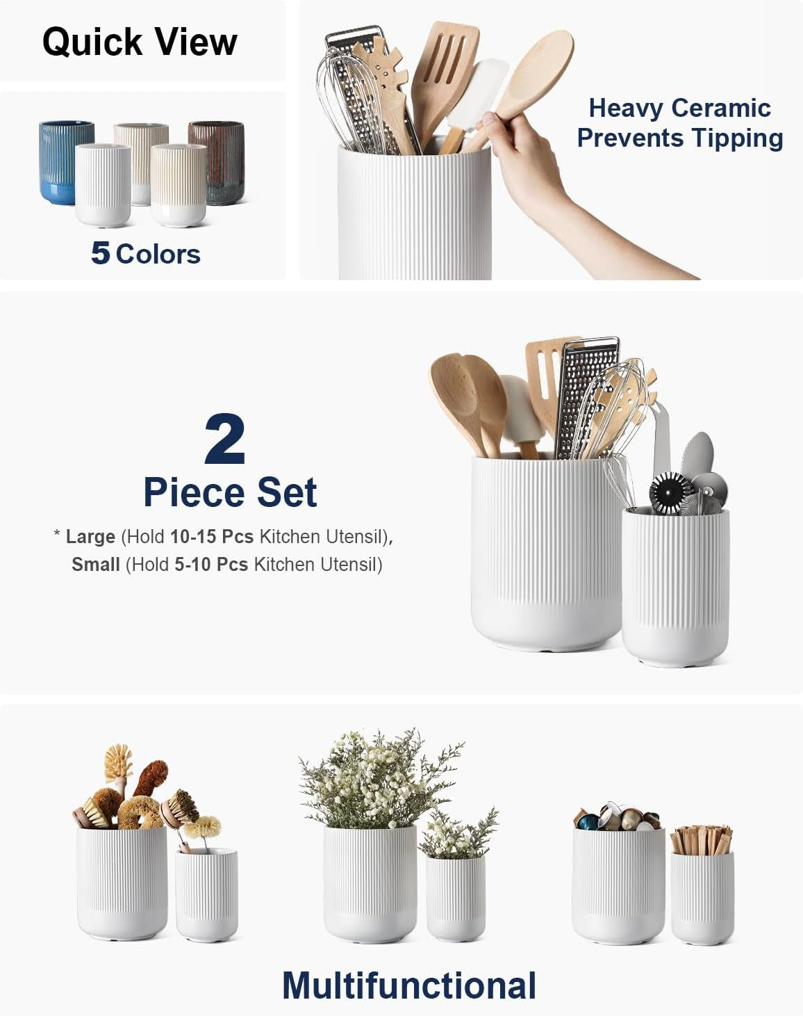 LE TAUCI Utensil Holder, 7.3"+5.4" Ceramic Kitchen Utensil Holder for Countertop