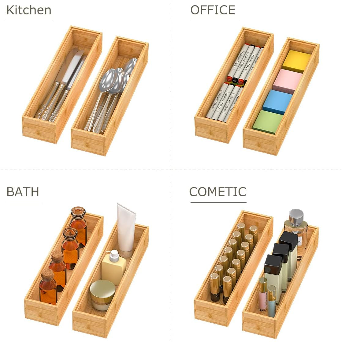 Bamboo Drawer Organizer Storage Box Kitchen - Wood Stackable Tray Set of 2 (12x3x2 inch)