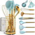White Silicone and Copper Kitchen Utensils Set with Holder - 17-Piece Rose Gold Cooking Tools for Nonstick Cookware