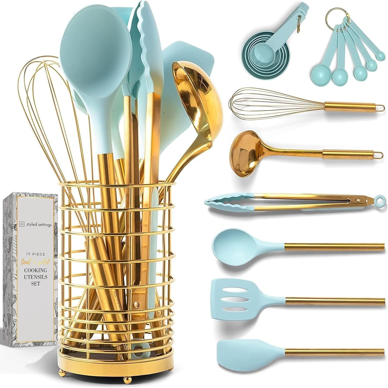 White Silicone and Copper Kitchen Utensils Set with Holder - 17-Piece Rose Gold Cooking Tools for Nonstick Cookware