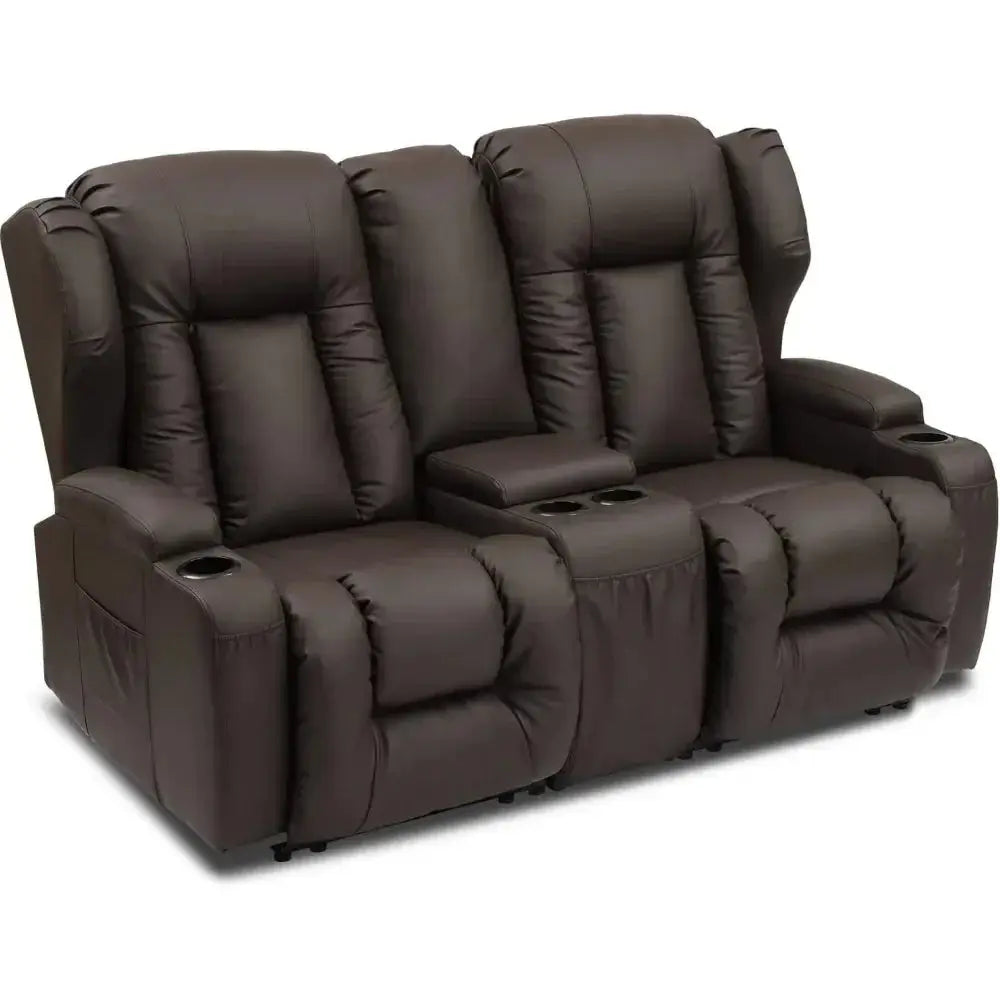 RV recliner sofa wall hugger with theater seating in dark brown leather. Features a center console with cup holders, ideal for RVs and home theaters.
