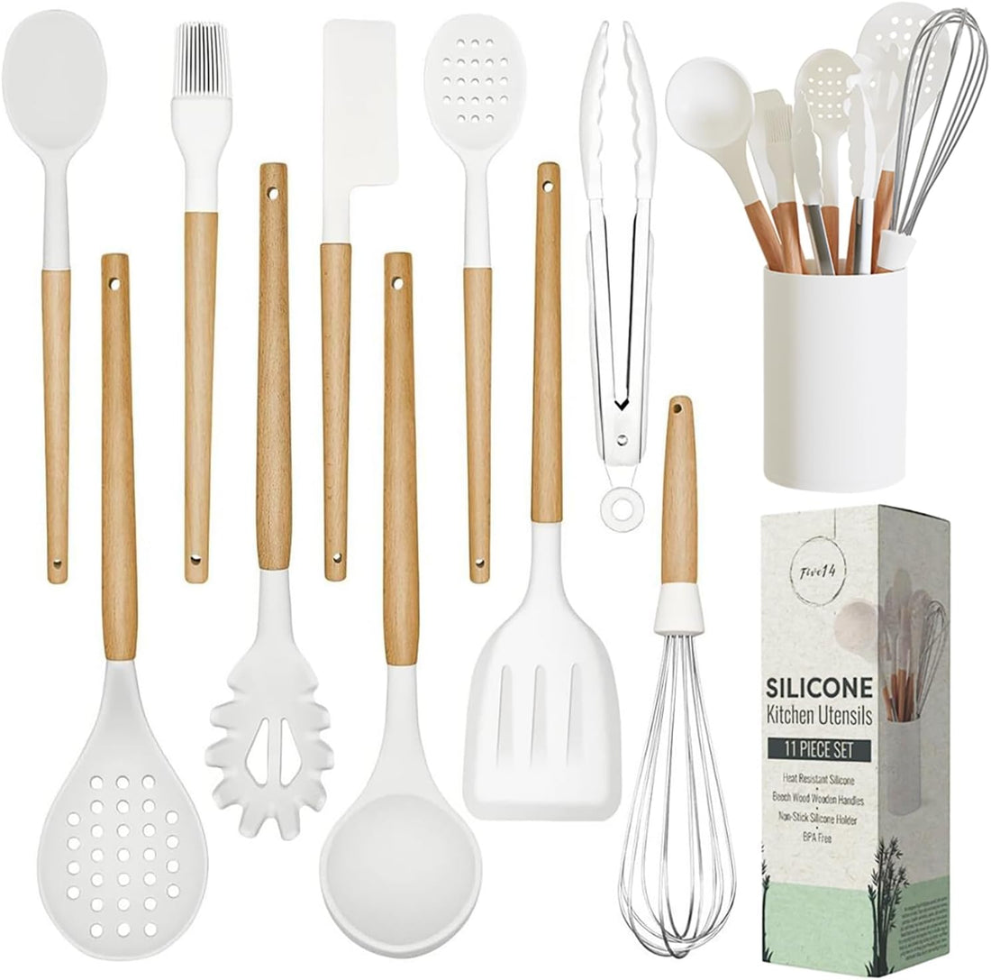 White Silicone Cooking Utensils Set Non Toxic - 11 Pcs Nonstick Kitchen Utensils Set with Holder