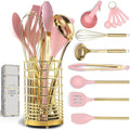 White Silicone and Copper Kitchen Utensils Set with Holder - 17-Piece Rose Gold Cooking Tools for Nonstick Cookware