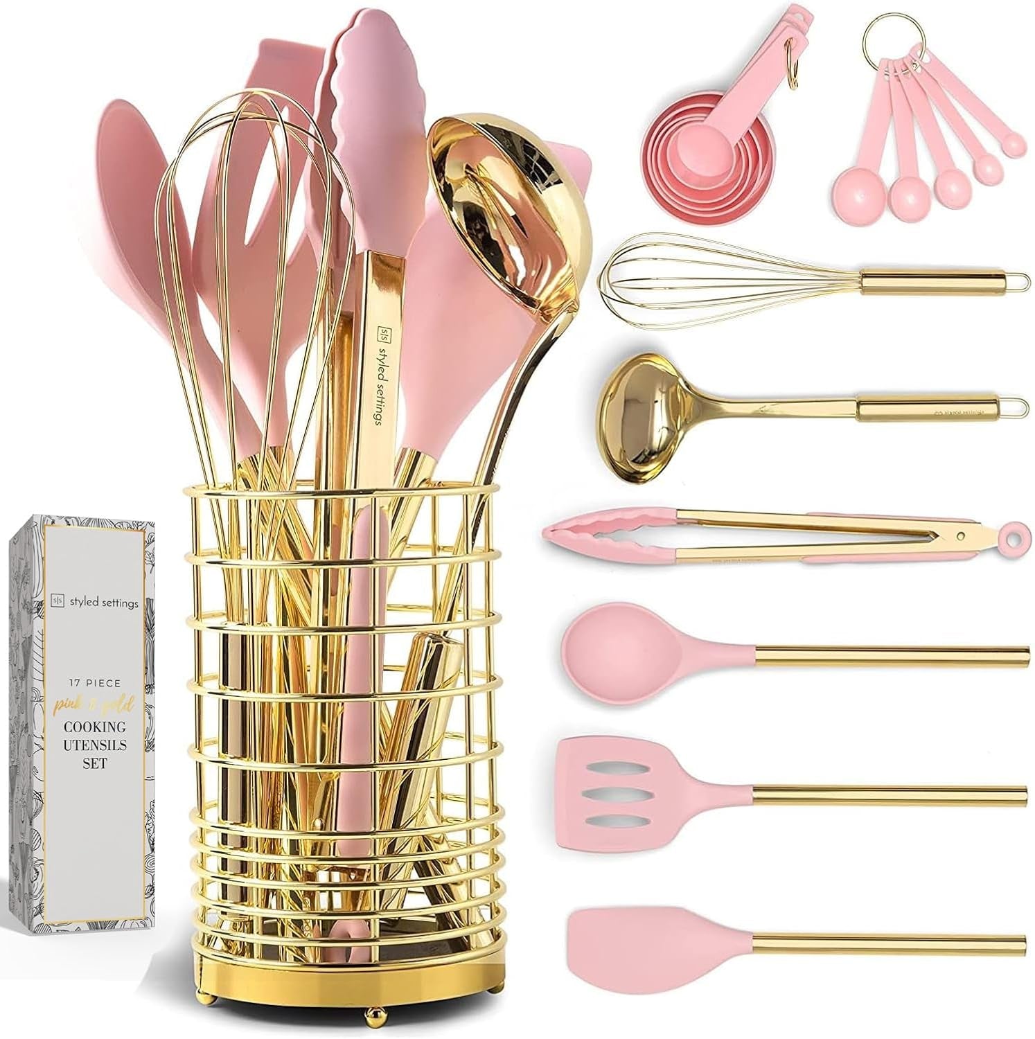 White Silicone and Copper Kitchen Utensils Set with Holder - 17-Piece Rose Gold Cooking Tools for Nonstick Cookware