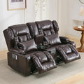 RV recliner sofa wall hugger with theater seating in dark brown leather. Features a center console with cup holders, ideal for RVs and home theaters.