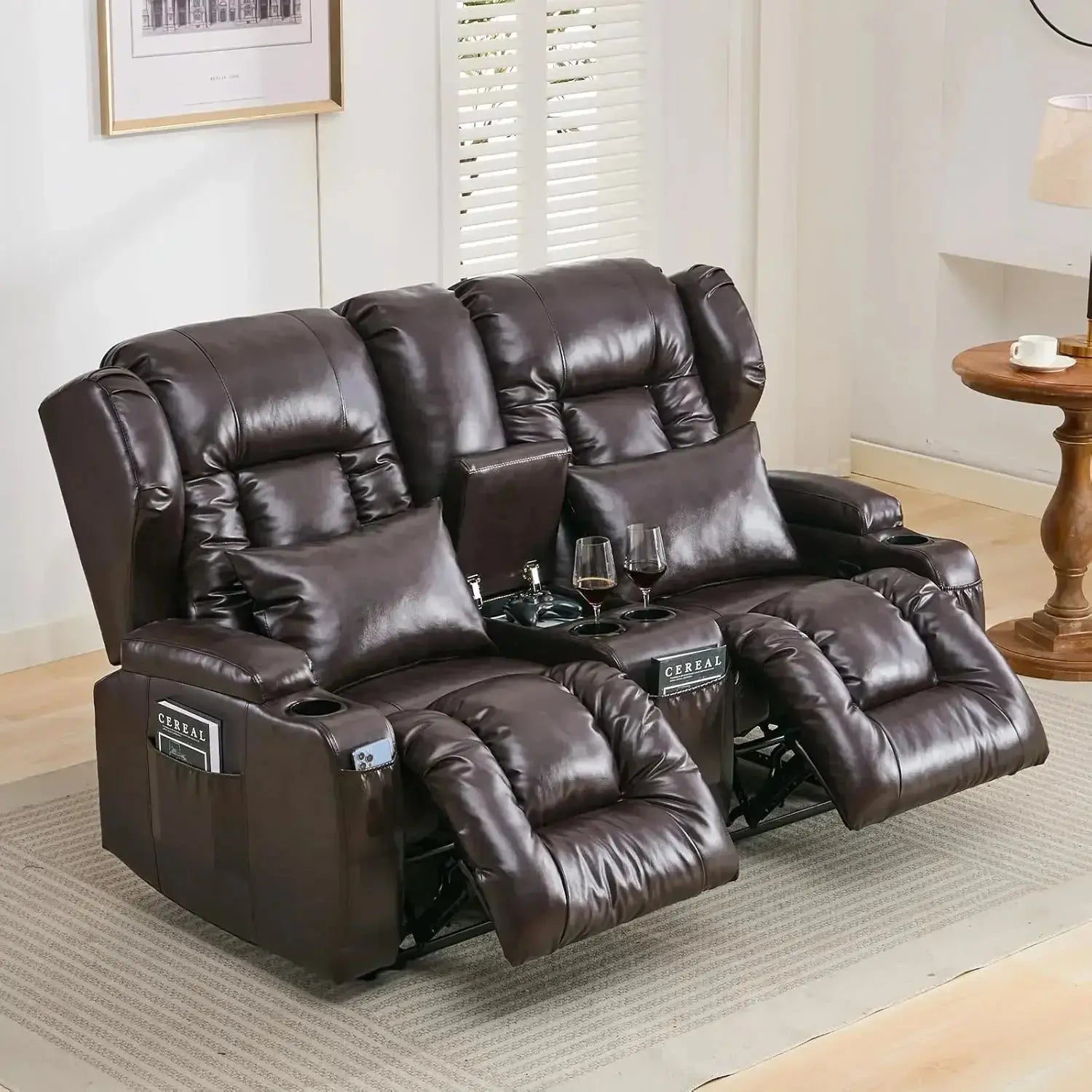 RV recliner sofa wall hugger with theater seating in dark brown leather. Features a center console with cup holders, ideal for RVs and home theaters.