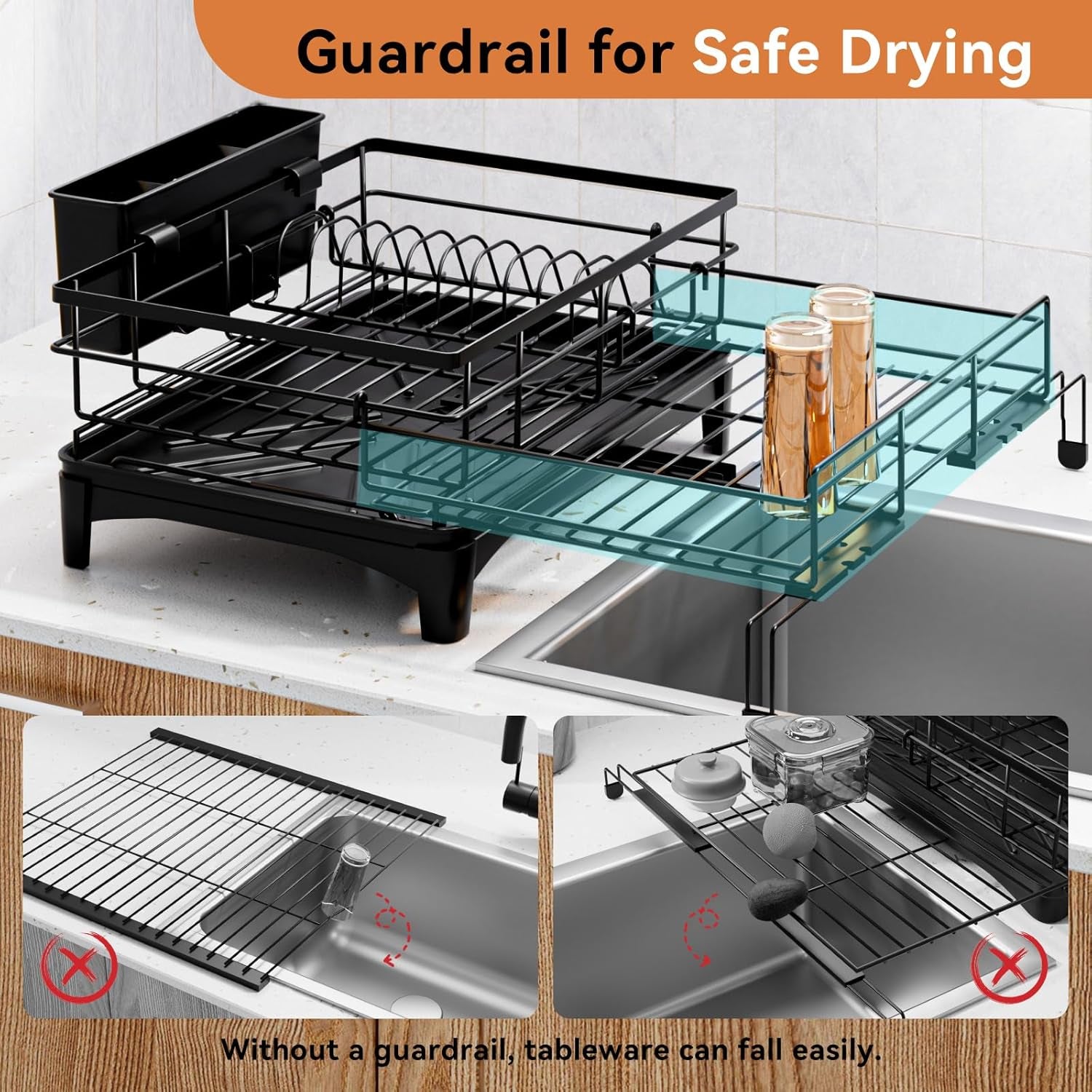 Dish Drying Rack - Expandable Rack, Large Capacity Dish Drainer for Kitchen Counter, Rust-Proof with Utensil Holder