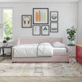 Twin upholstery daybed in mid-century style with diamond-tufted backrest and sturdy wooden legs. Features a pull-out trundle for extra sleeping space.