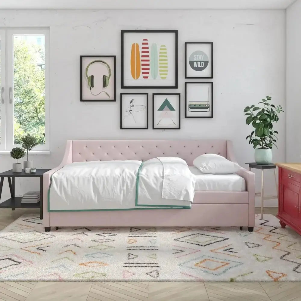 Twin upholstery daybed in mid-century style with diamond-tufted backrest and sturdy wooden legs. Features a pull-out trundle for extra sleeping space.