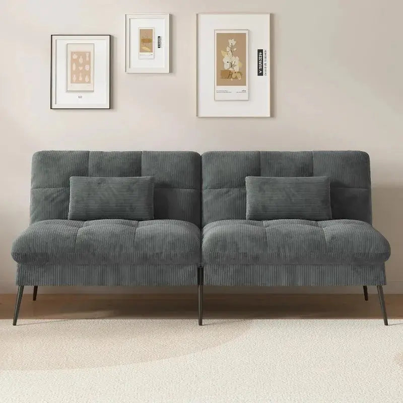 Convertible futon sofa bed with 68-inch corduroy upholstery in dark gray. Features an adjustable backrest and foldable design, perfect for small spaces.
