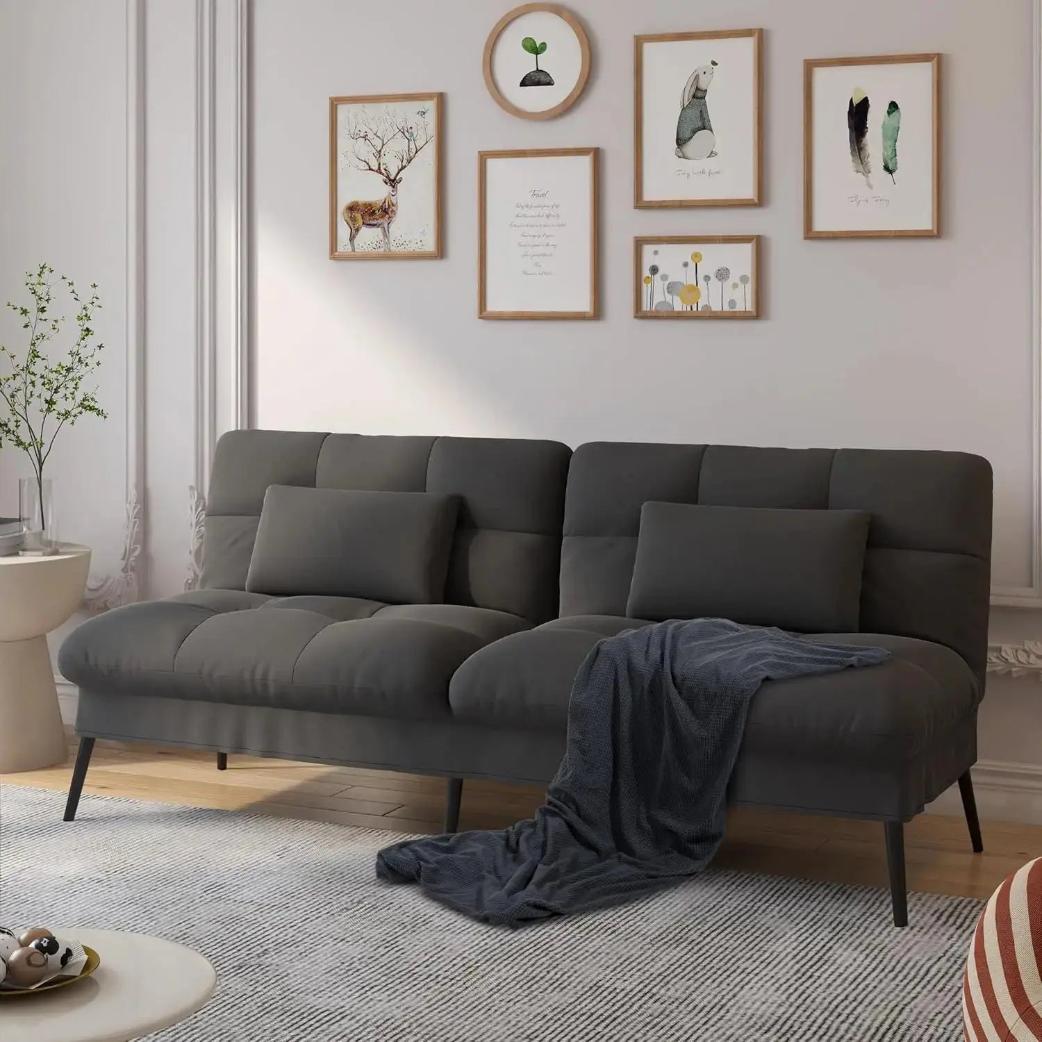 Convertible futon sofa bed with 68-inch corduroy upholstery in dark gray. Features an adjustable backrest and foldable design, perfect for small spaces.