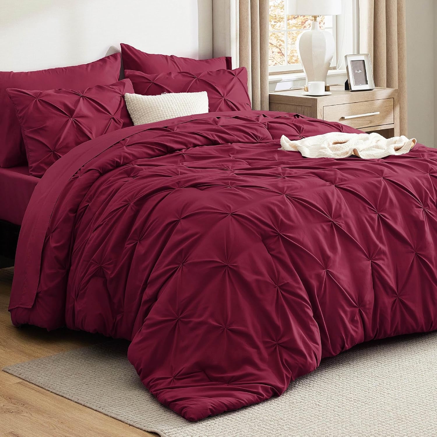 Bedsure Queen Comforter Set Grey - Bed in a Bag Queen Size 7 Pieces, GentleSoft™ Pintuck Bed Set Gift for Family, Pinch Pleat Grey Comforter with Sheets, Pillowcases & Shams