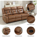 Brown faux leather reclining sofa with three seats, featuring manual recline function and plush cushioning. Stylish and durable furniture for living rooms.