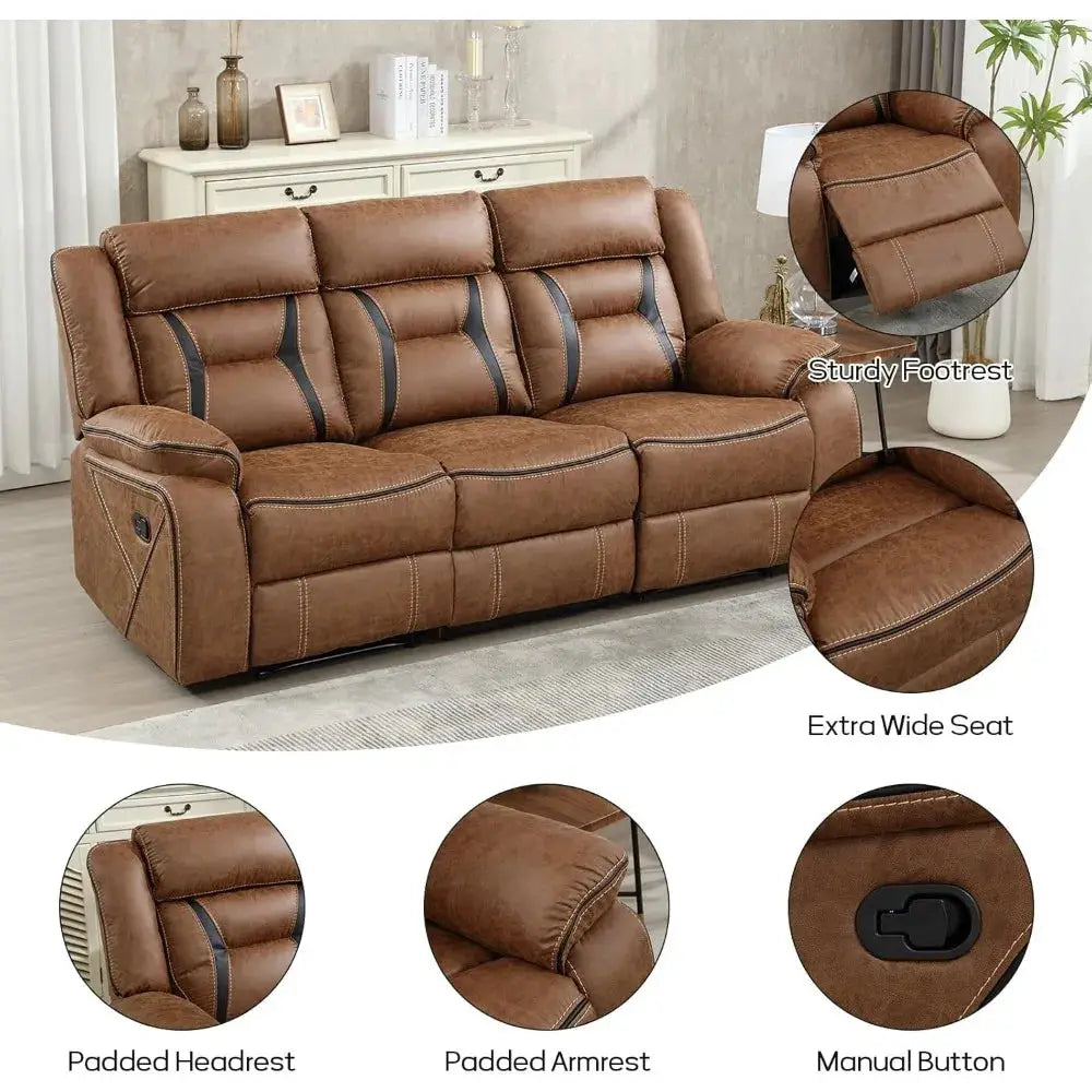 Brown faux leather reclining sofa with three seats, featuring manual recline function and plush cushioning. Stylish and durable furniture for living rooms.