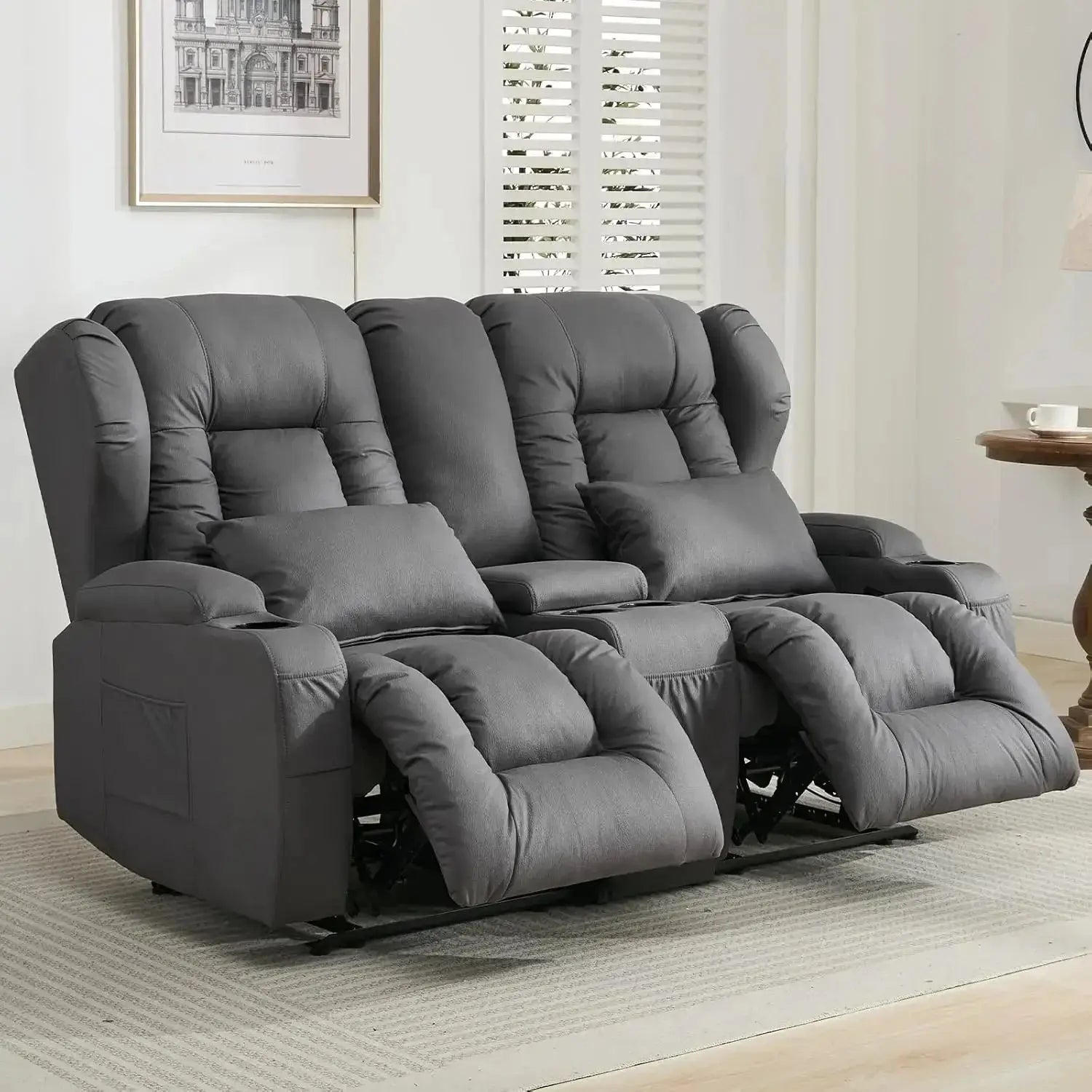 RV recliner sofa wall hugger with theater seating in dark brown leather. Features a center console with cup holders, ideal for RVs and home theaters.