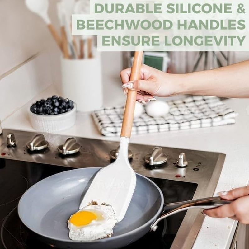 White Silicone Cooking Utensils Set Non Toxic - 11 Pcs Nonstick Kitchen Utensils Set with Holder