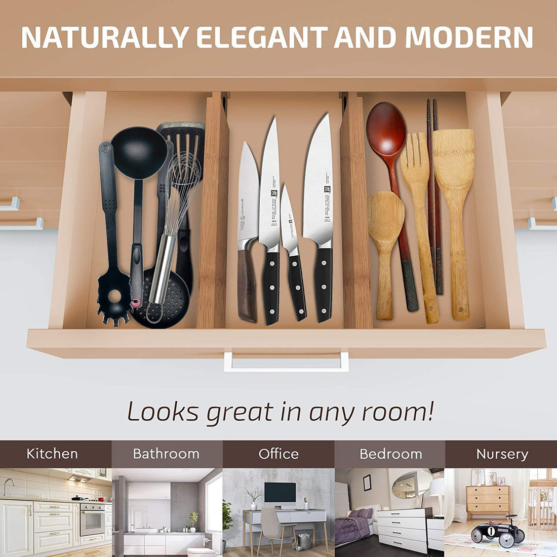 Large Kitchen Drawer Organizer - Expandable Bamboo Drawer Dividers (17" - 21.5")