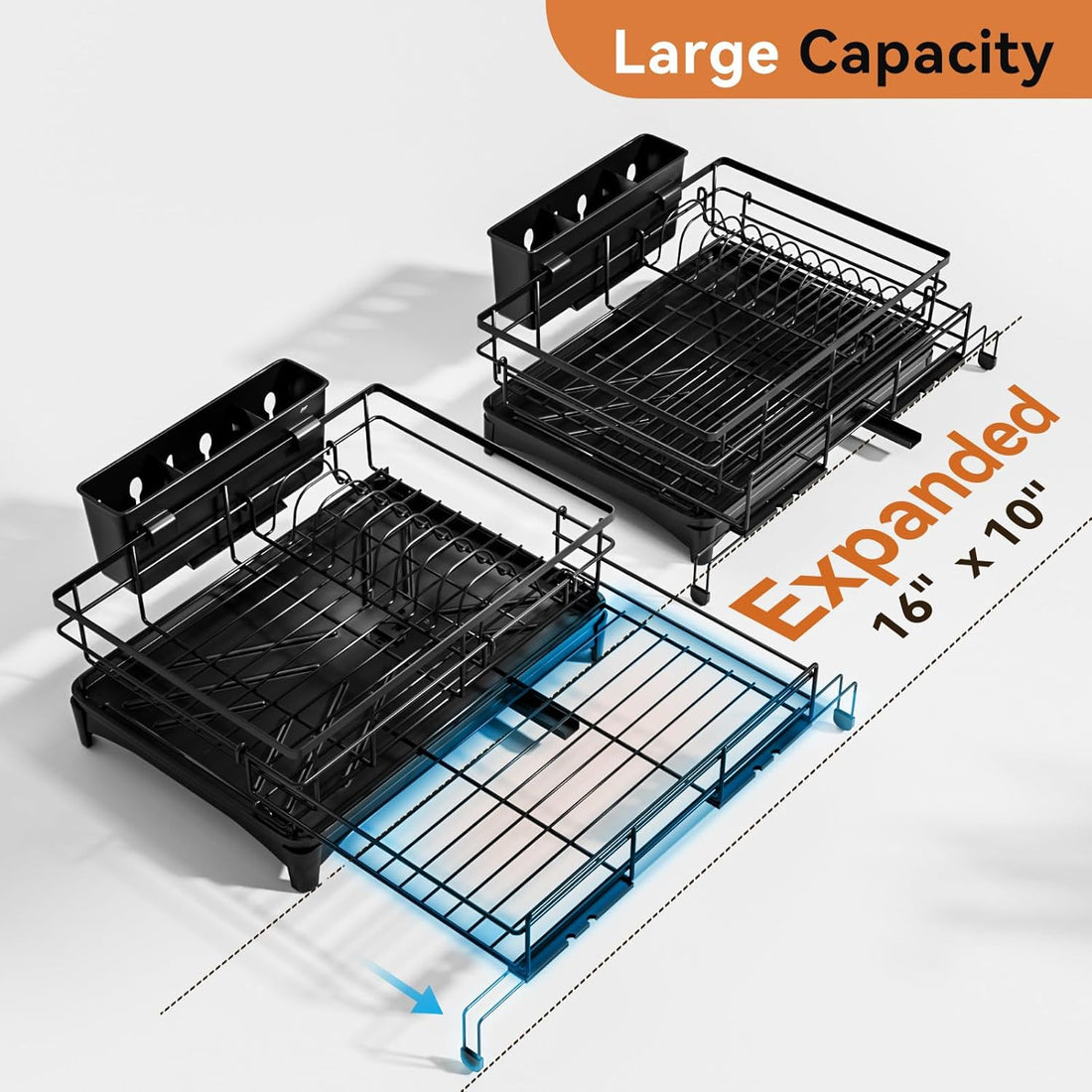 Dish Drying Rack - Expandable Rack, Large Capacity Dish Drainer for Kitchen Counter, Rust-Proof with Utensil Holder