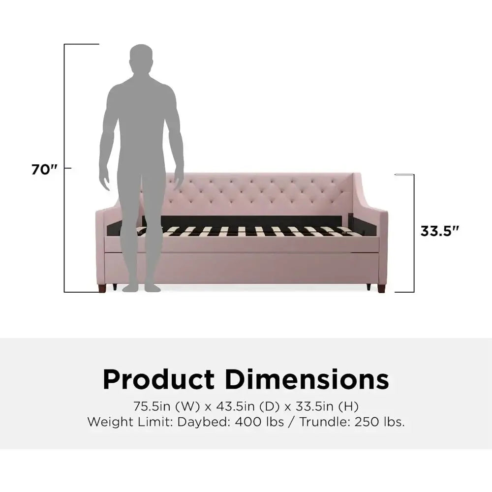 Twin upholstery daybed in mid-century style with diamond-tufted backrest and sturdy wooden legs. Features a pull-out trundle for extra sleeping space.