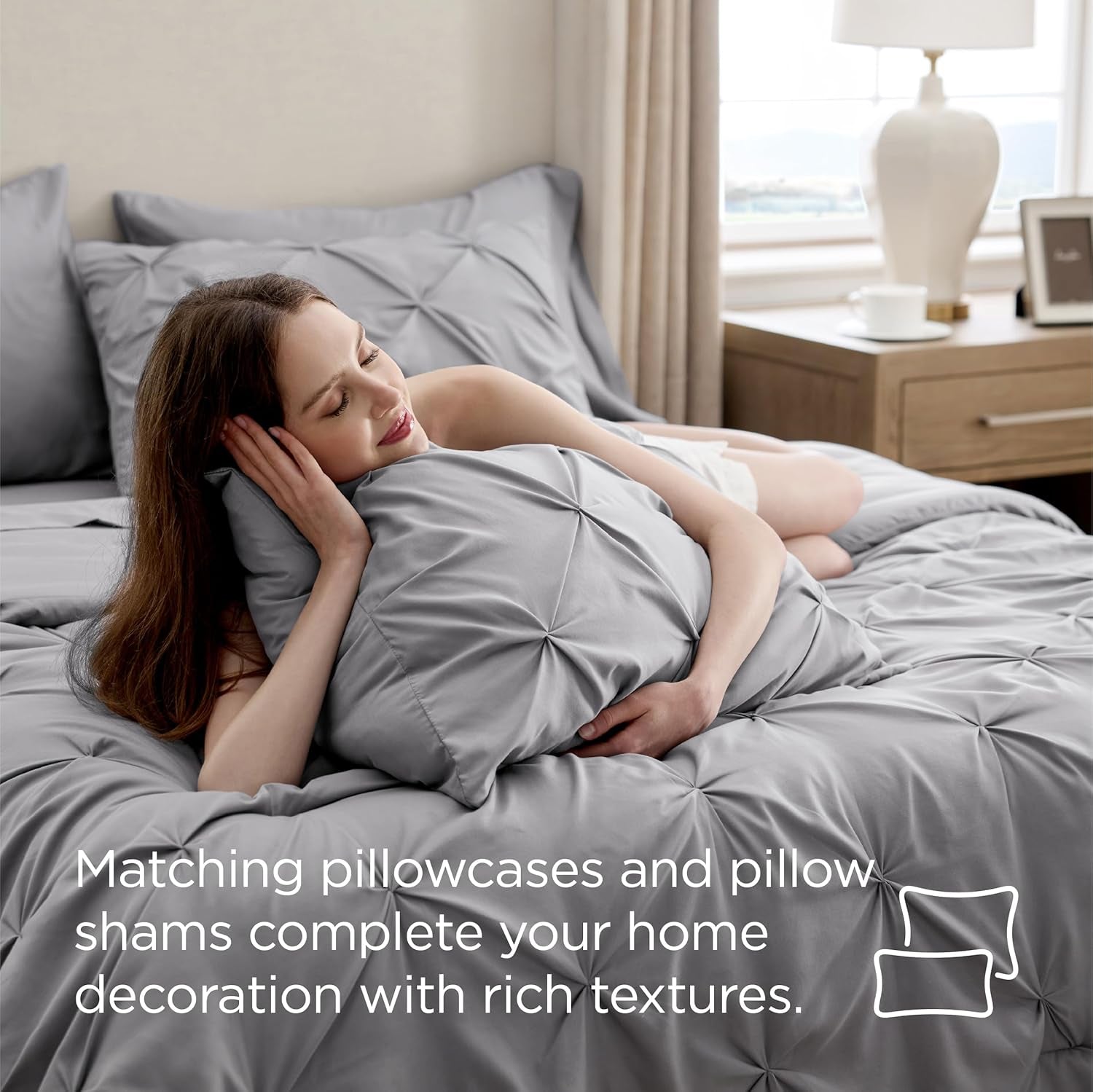 Bedsure Queen Comforter Set Grey - Bed in a Bag Queen Size 7 Pieces, GentleSoft™ Pintuck Bed Set Gift for Family, Pinch Pleat Grey Comforter with Sheets, Pillowcases & Shams