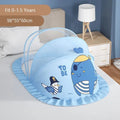 Foldable baby bed with mosquito net and cotton pillows, providing a safe and comfortable sleeping space for infants. Portable design for easy travel.