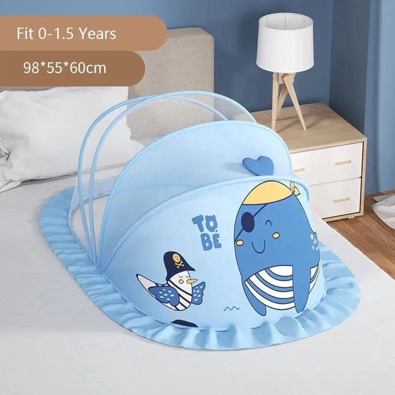 Foldable baby bed with mosquito net and cotton pillows, providing a safe and comfortable sleeping space for infants. Portable design for easy travel.