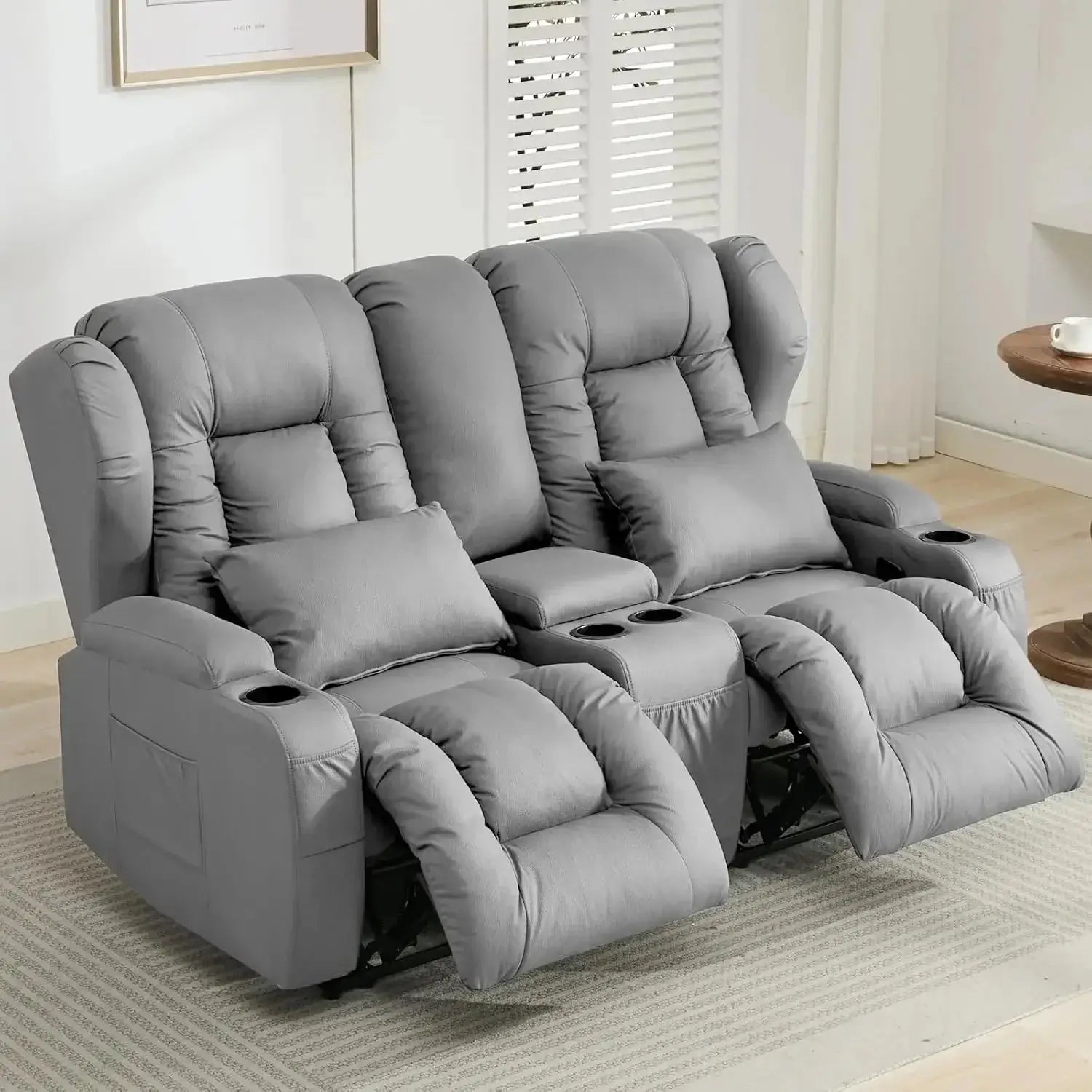 RV recliner sofa wall hugger with theater seating in dark brown leather. Features a center console with cup holders, ideal for RVs and home theaters.