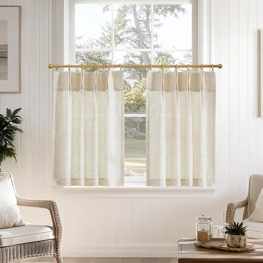 jinchan Linen Pinch Pleated Kitchen Curtains 24 Inch 2 Panels, Natural Linen Tier Curtains Back Tab Beige Farmhouse Cafe, Light Filtering Small Window Drapes for Bathroom Laundry Room Beige