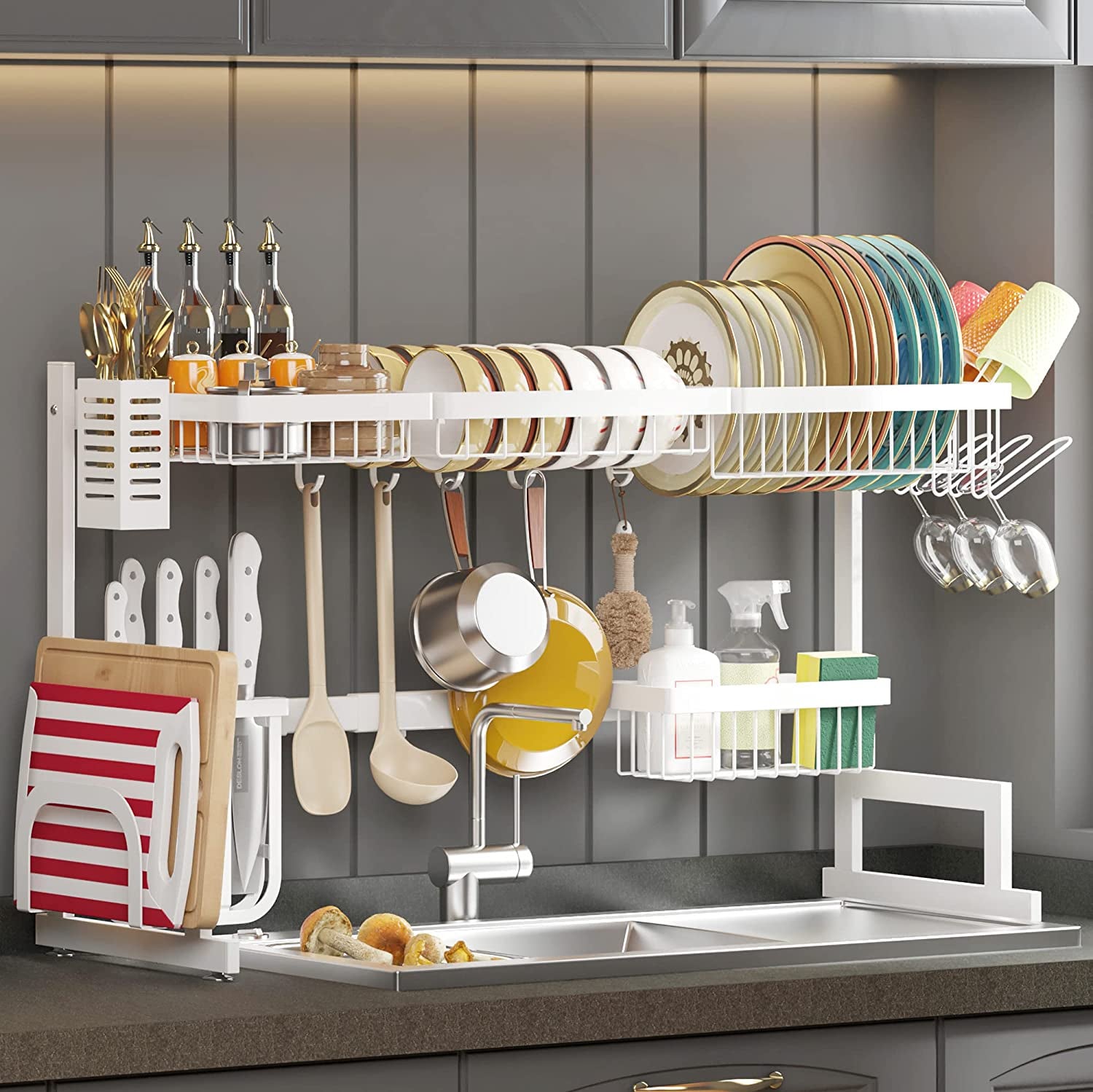 PUSDON Over Sink Dish Drying Rack Stainless Steel, Adjustable Large Dish Drainer for Storage Kitchen Organization Black 2 Tier