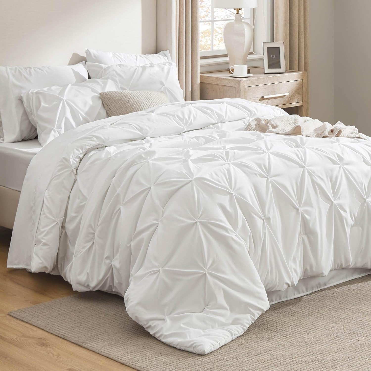 Bedsure Queen Comforter Set Grey - Bed in a Bag Queen Size 7 Pieces, GentleSoft™ Pintuck Bed Set Gift for Family, Pinch Pleat Grey Comforter with Sheets, Pillowcases & Shams