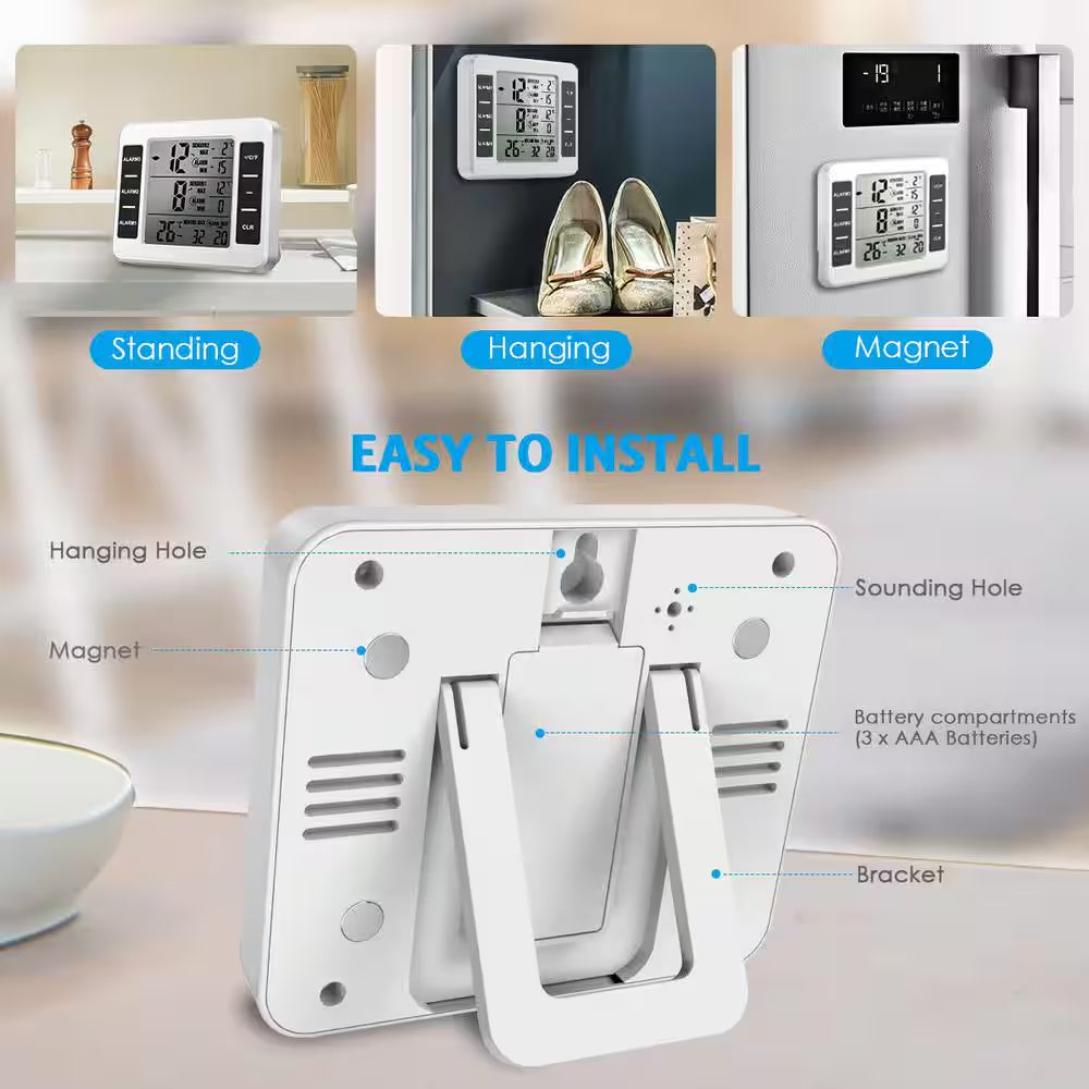 Indoor Wireless Refrigerator Thermometer with Alarm, Sensor Temperature for Kitchen in White